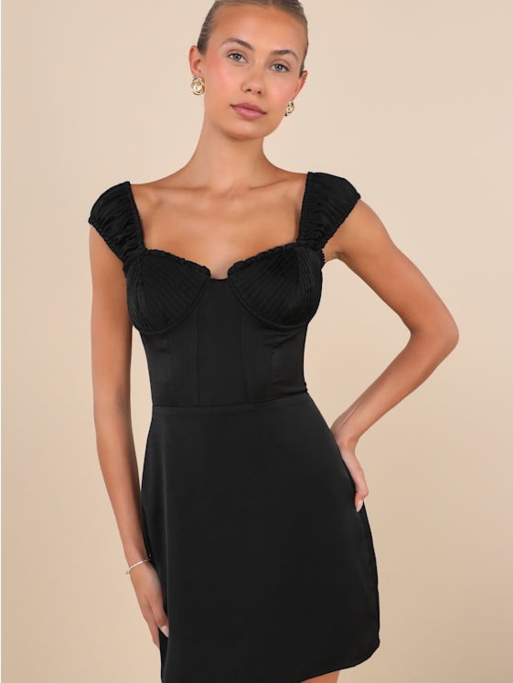Lulus Perfected Aesthetic Black Satin Ruffled Bustier Mini Dress sz xs nwt